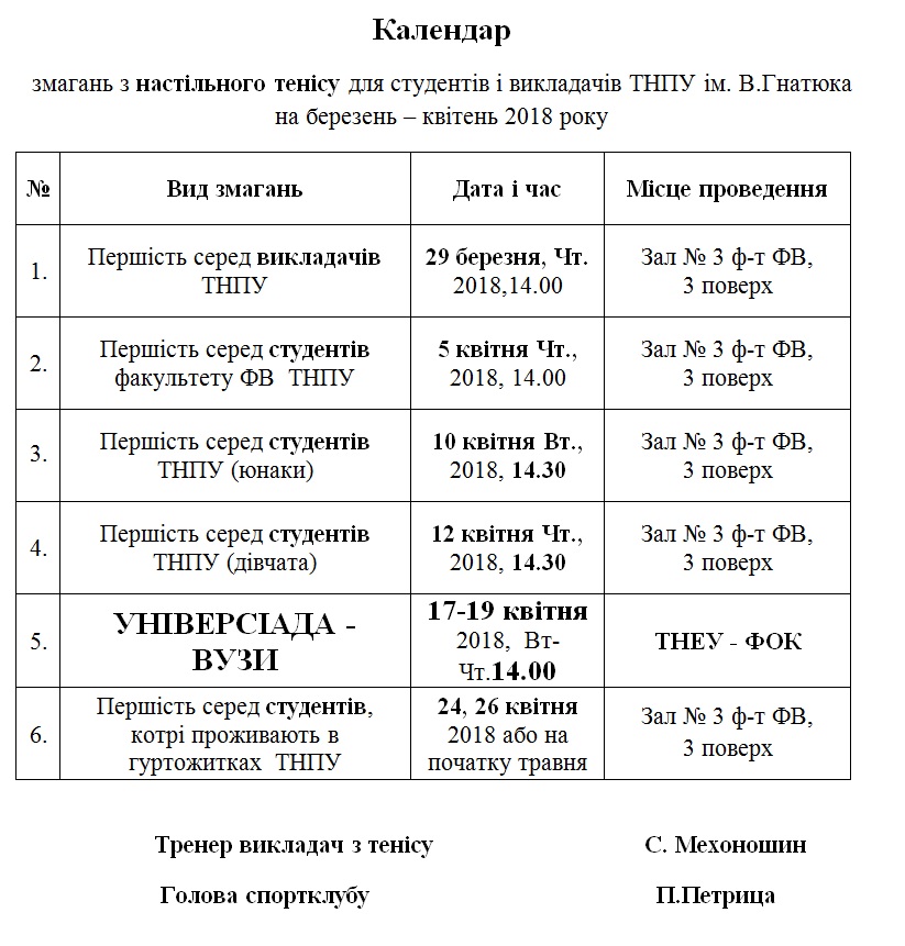 Календар змагань з настільного тенісу 700